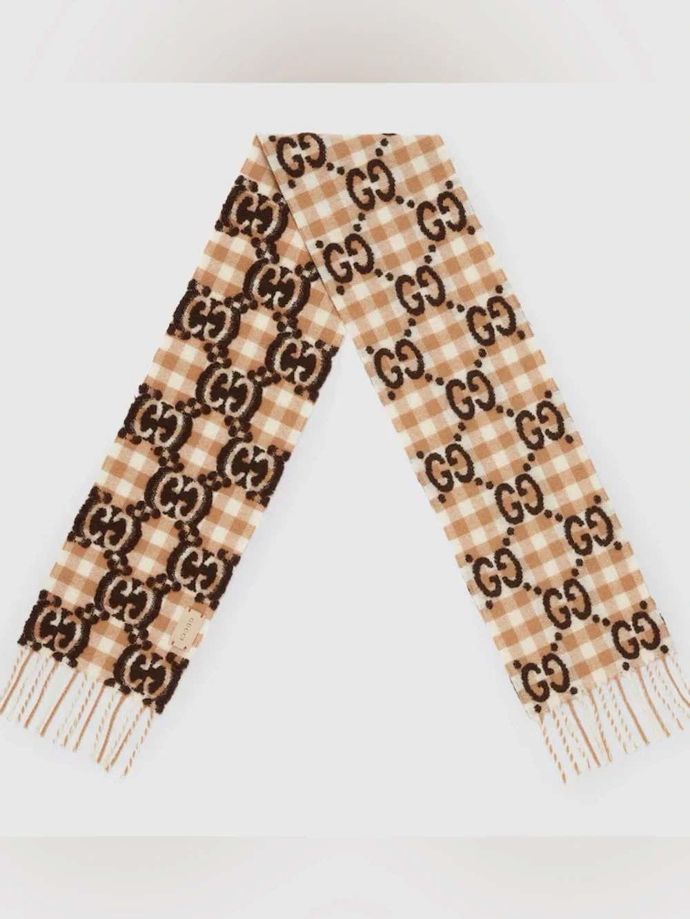 Brand new with box Gucci Beige & Brown GG Check Wool Scarf with Fringe